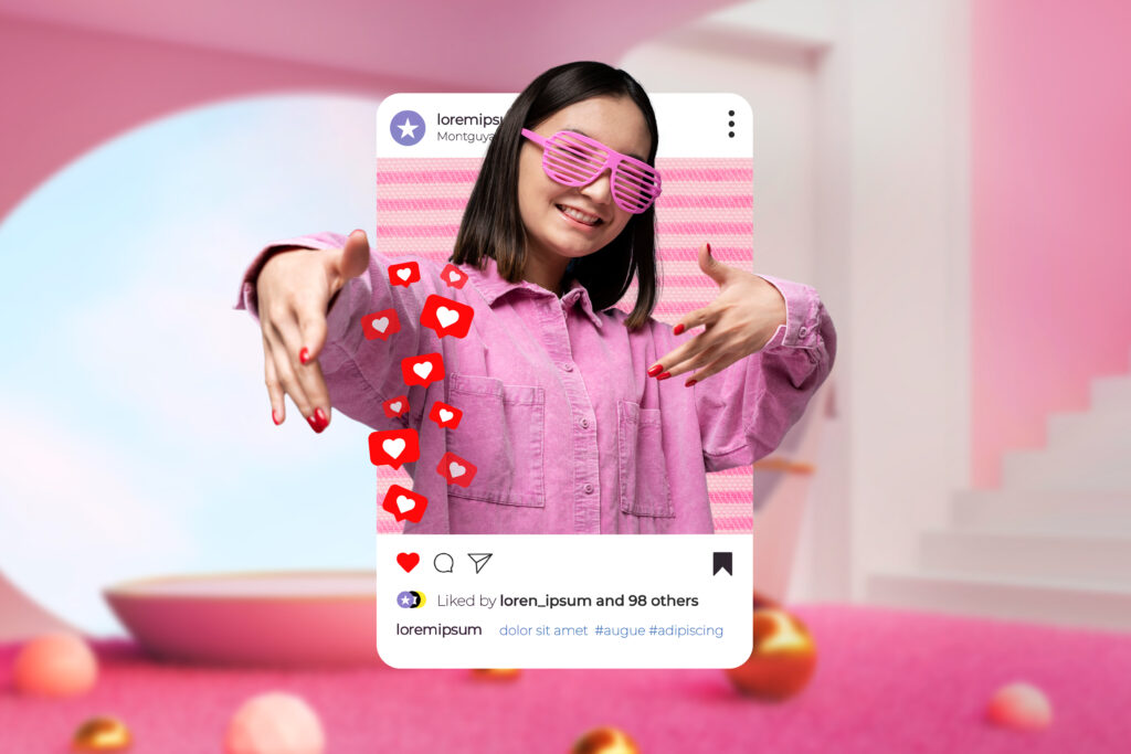 Creator met roze zonnebril en een social media fotokader