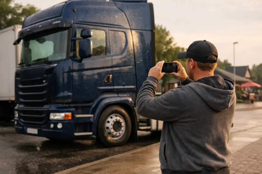 Een persoon fotografeert een geparkeerde blauwe vrachtwagen in warm middaglicht.