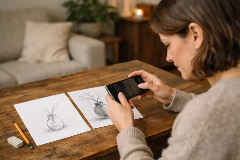 Persoon fotografeert twee eigen tekeningen aan tafel om de vooruitgang te delen op Instagram.