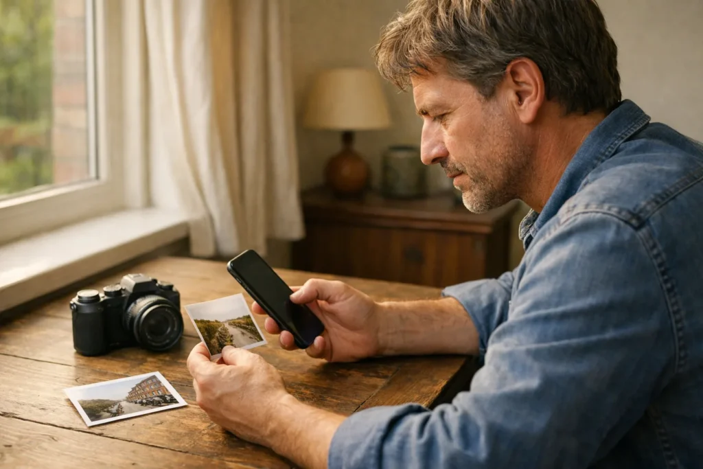 Hobbyfotograaf die aan tafel met een camera en fotoafdrukken een onderschrift op een telefoon schrijft.