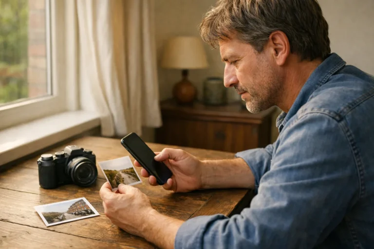 Hobbyfotograaf die aan tafel met een camera en fotoafdrukken een onderschrift op een telefoon schrijft.
