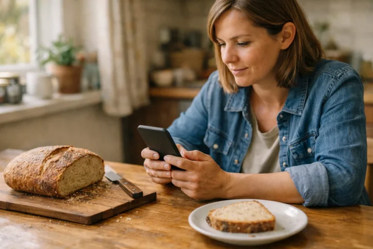 Persoon met een smartphone aan de keukentafel naast een zelfgebakken brood.