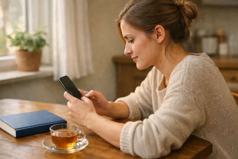 Persoon aan een keukentafel die op een telefoon aan een TikTok bio werkt.