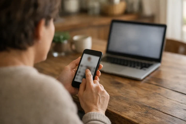 Persoon controleert een profiellink op een smartphone aan de keukentafel.
