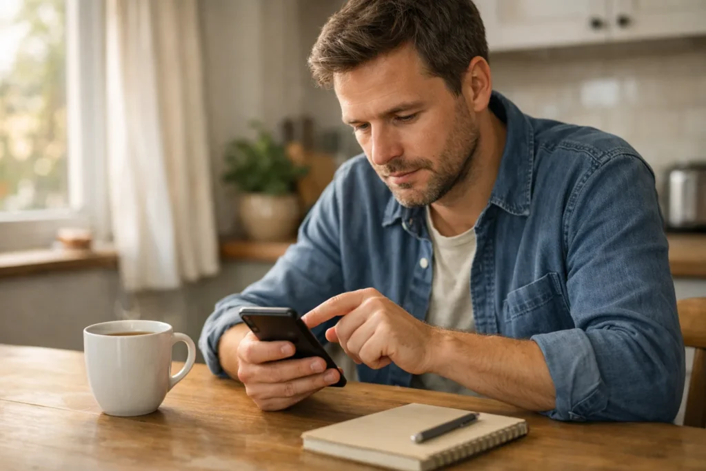 Persoon bekijkt aandachtig een smartphone aan de keukentafel.