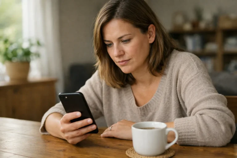 Een persoon leest aandachtig een bericht op een telefoon aan de eettafel.