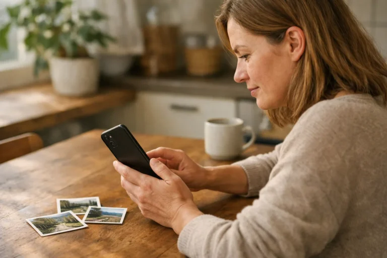 Iemand bekijkt een smartphone aan de keukentafel met foto's van een wandeling ernaast.