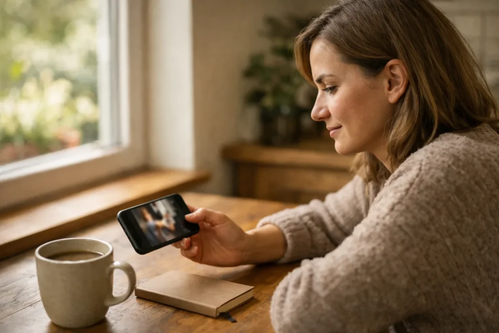Een persoon bekijkt een video op een smartphone aan de keukentafel.