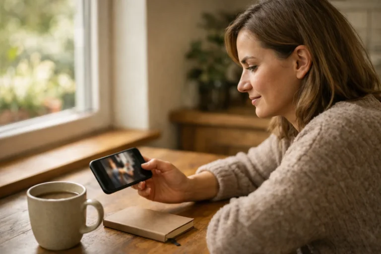 Een persoon bekijkt een video op een smartphone aan de keukentafel.