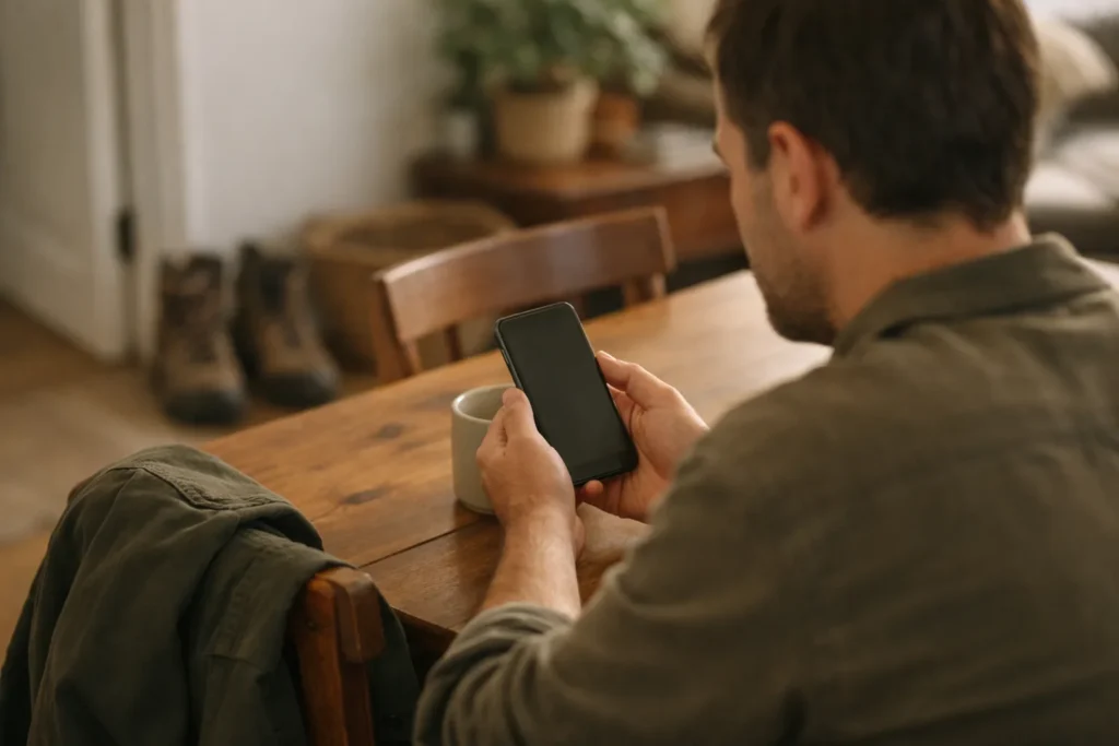 Persoon bekijkt thuis een smartphone na het delen van een Instagram video.