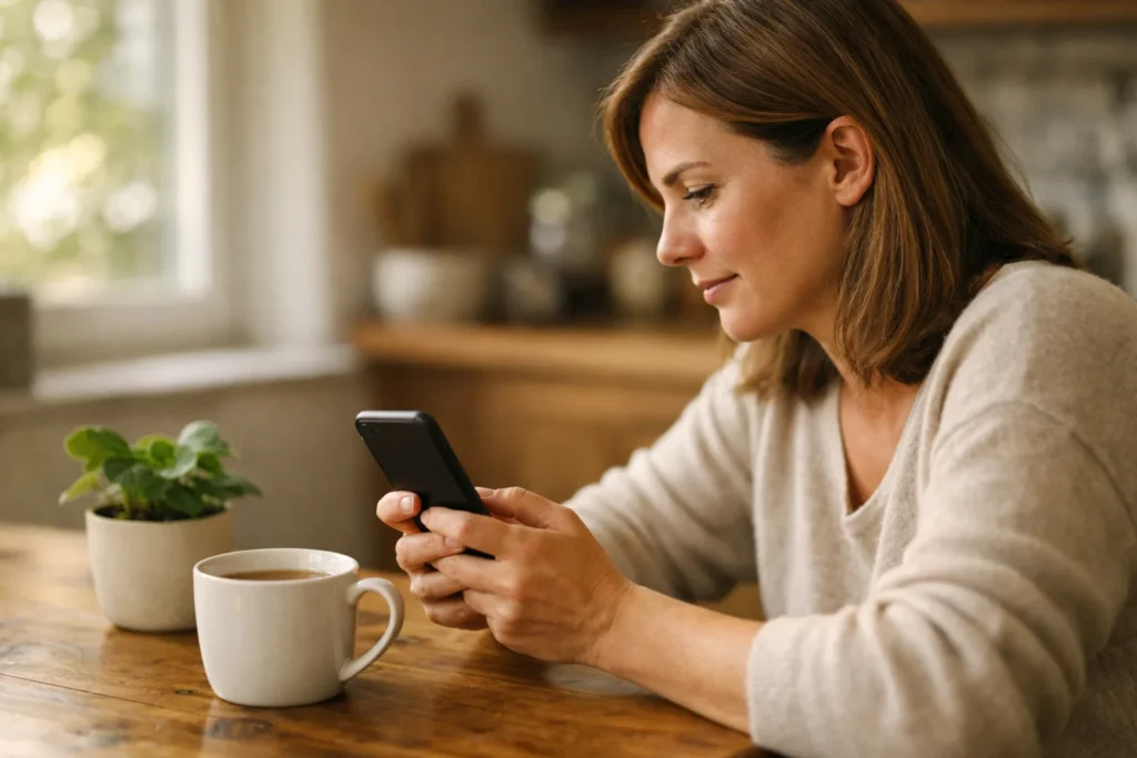 Persoon aan een keukentafel die op een smartphone kijkt