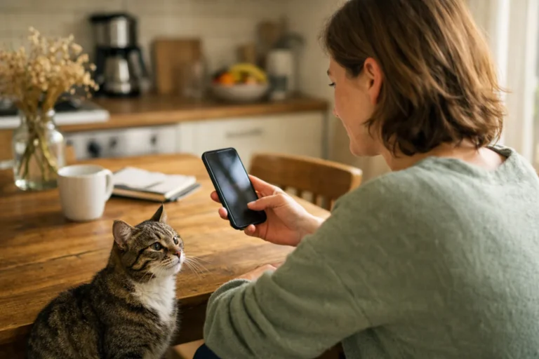 Persoon bekijkt een smartphone aan de keukentafel met een kat ernaast.