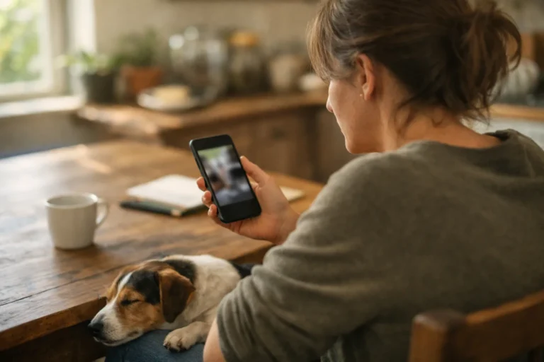 Persoon bekijkt een smartphone aan de keukentafel terwijl een hond naast de stoel ligt.