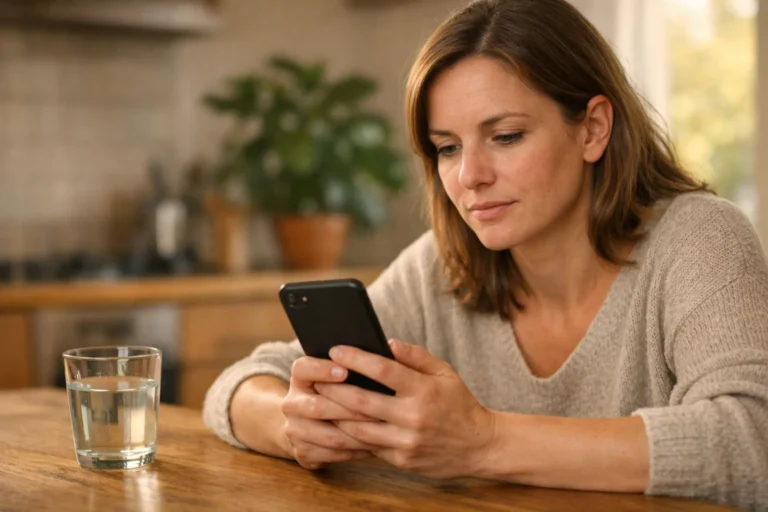 Persoon die aan een houten keukentafel aandachtig op een smartphone kijkt.