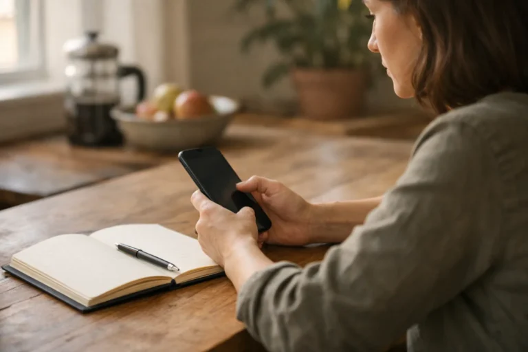 Persoon bekijkt een smartphone aan de keukentafel met een notitieboek ernaast.