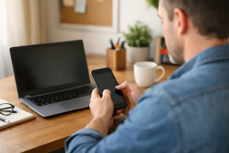 Iemand controleert een smartphone met een laptop ernaast aan de keukentafel.