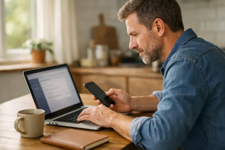 Iemand zoekt op een laptop en telefoon naar een opgeslagen Facebook wachtwoord.