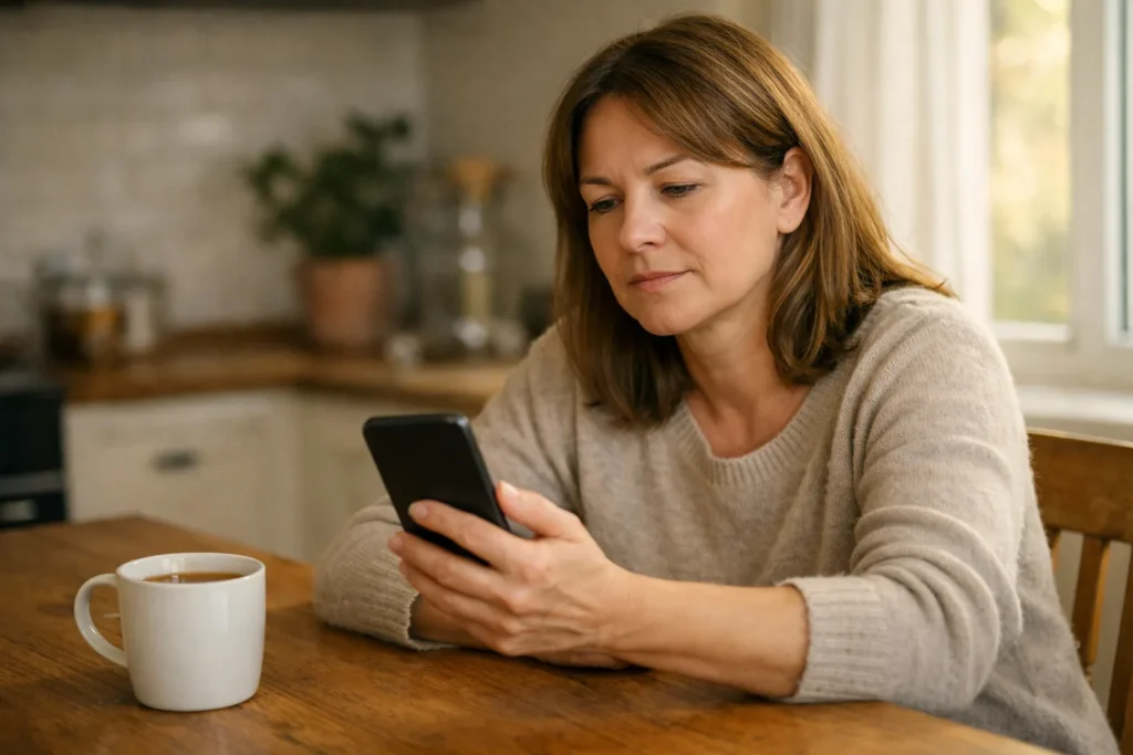 Een persoon bekijkt thuis een smartphone om een verdwenen TikTok profiel te controleren.