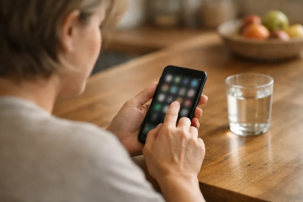 Persoon aan de keukentafel die apps op een smartphone opruimt