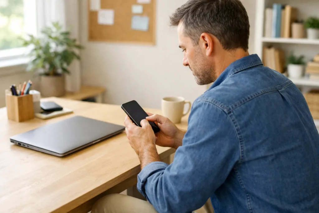 Persoon controleert een smartphone aan de keukentafel met een laptop ernaast.