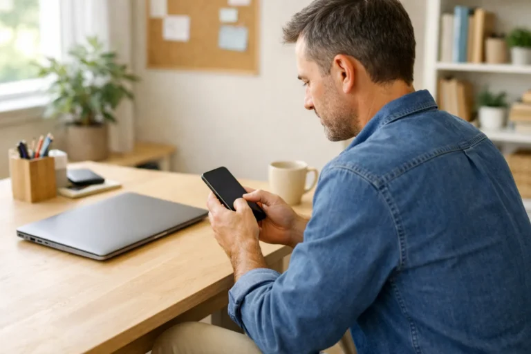 Persoon controleert een smartphone aan de keukentafel met een laptop ernaast.