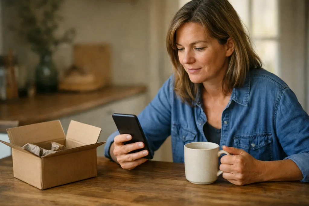 Persoon bekijkt een smartphone aan de keukentafel met een mok en een geopende verzenddoos.