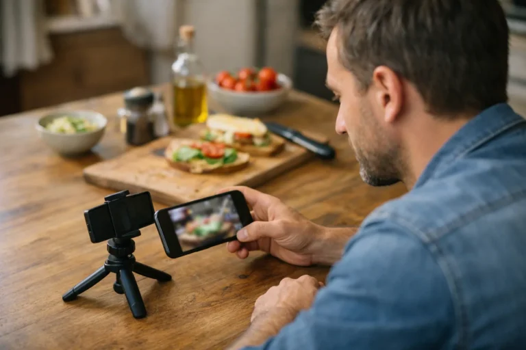 Persoon bekijkt aan de keukentafel een zelfgemaakte video op een telefoon voordat die wordt gedeeld.