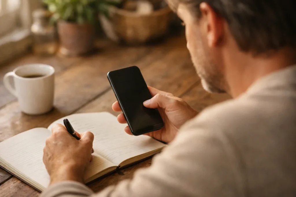 Persoon bekijkt een telefoon en maakt een notitie tijdens het wachten op Instagram verificatie.