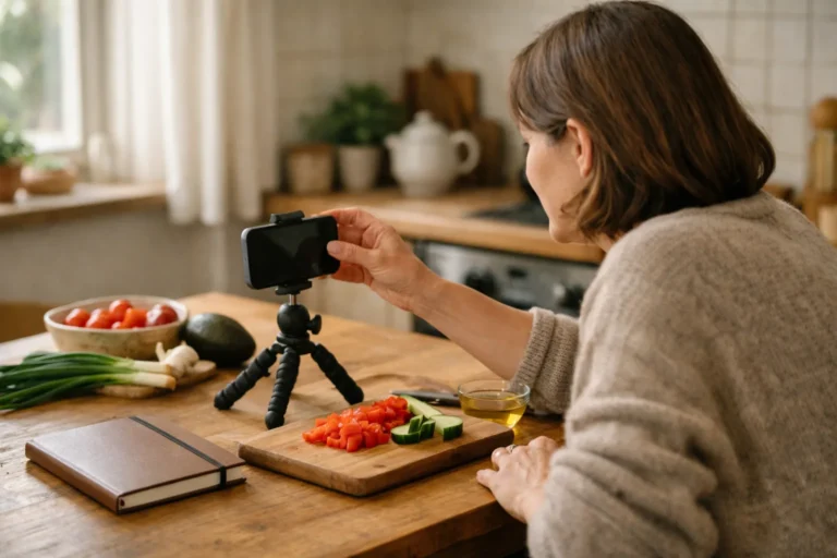 Een persoon bereidt thuis met een smartphone een korte kookvideo voor.