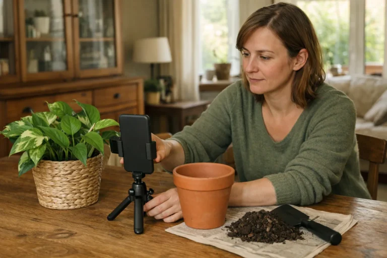 Een persoon zet een telefoon op een statief klaar voor een livestream over het verpotten van een plant.