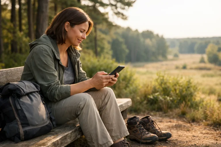 Wandelaar typt op een telefoon op een bankje aan de rand van het bos.