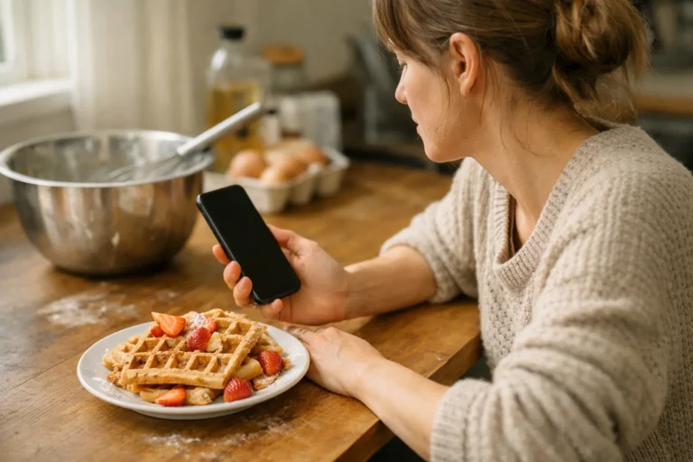 Persoon bekijkt een smartphone aan de keukentafel na het filmen van zelfgebakken wafels.