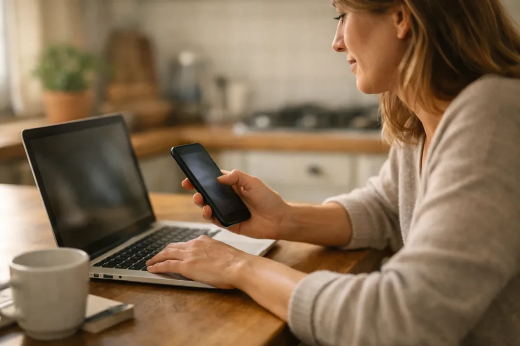 Persoon bekijkt een telefoon naast een open laptop om het aantal Instagram volgers bij te houden.