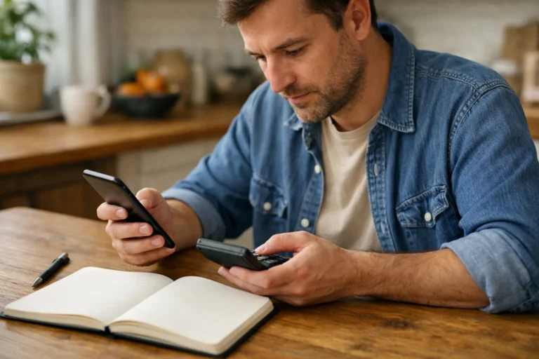 Persoon aan de keukentafel met een smartphone en rekenmachine om inkomsten uit Reels te berekenen.