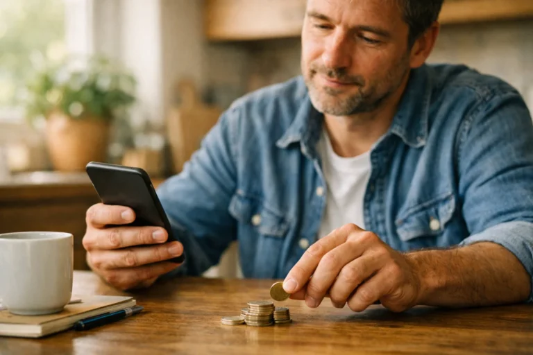 Iemand bekijkt een telefoon met een munt in de hand aan de keukentafel.