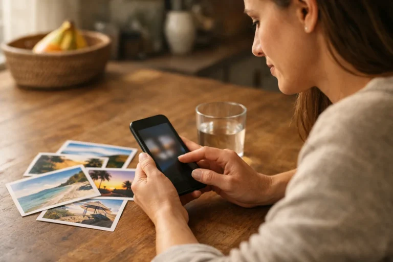 Persoon bewerkt op een smartphone een vakantiefoto voor een Instagram Story aan de keukentafel.