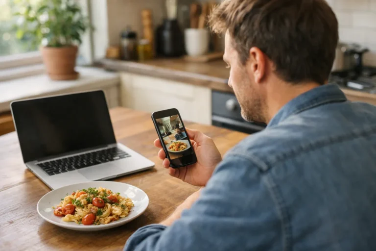 Iemand controleert een kookvideo op een telefoon aan de keukentafel.