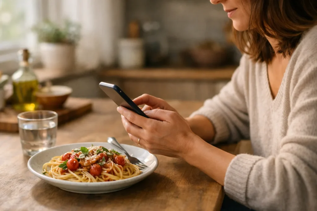 Iemand gebruikt een telefoon naast een bord pasta om een recept in een Story te delen.