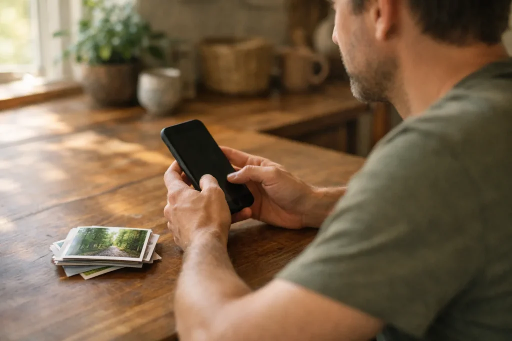 Persoon gebruikt thuis een smartphone met foto's van een wandeling op tafel.