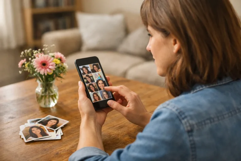 Persoon kiest thuis op een telefoon een foto voor een tijdelijke Facebook profielfoto.