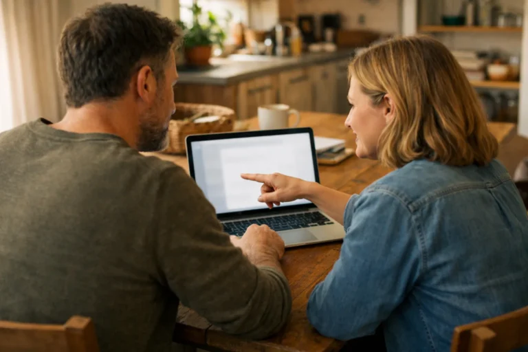 Twee mensen bekijken samen een laptop om toegang tot een Instagram account te regelen.