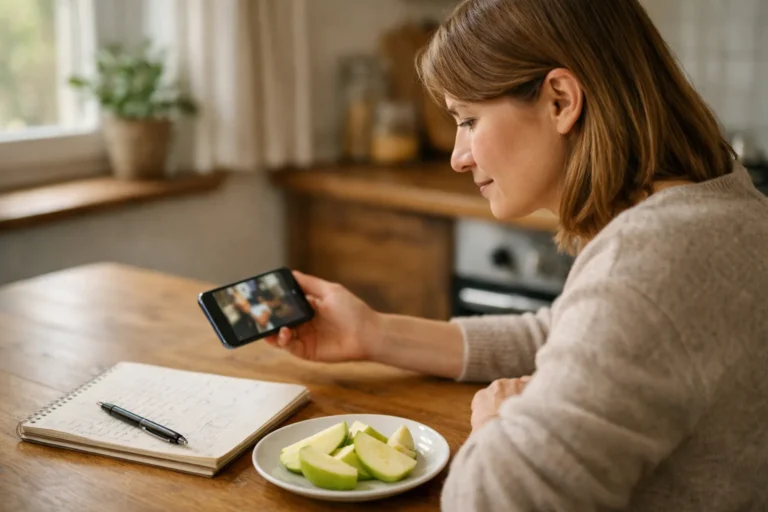 Persoon controleert een eigen kookvideo op een telefoon aan de keukentafel.