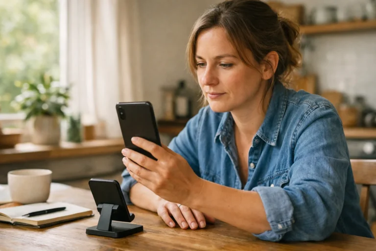 Persoon bekijkt een telefoon aan de keukentafel om ondertiteling voor een Reel te controleren.