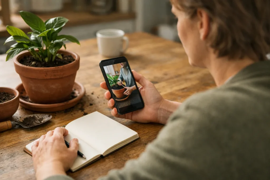 Persoon bekijkt aan de keukentafel een opgenomen video op een telefoon, naast een kamerplant.