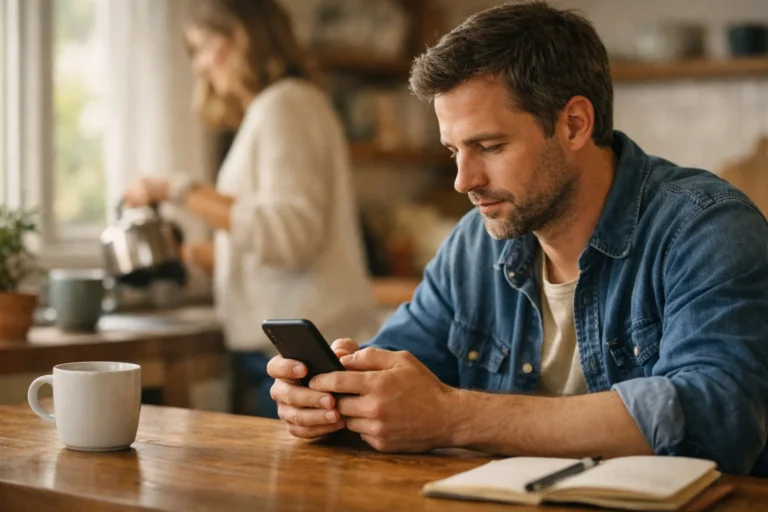 Persoon gebruikt thuis een smartphone om te kiezen met wie een foto wordt gedeeld.