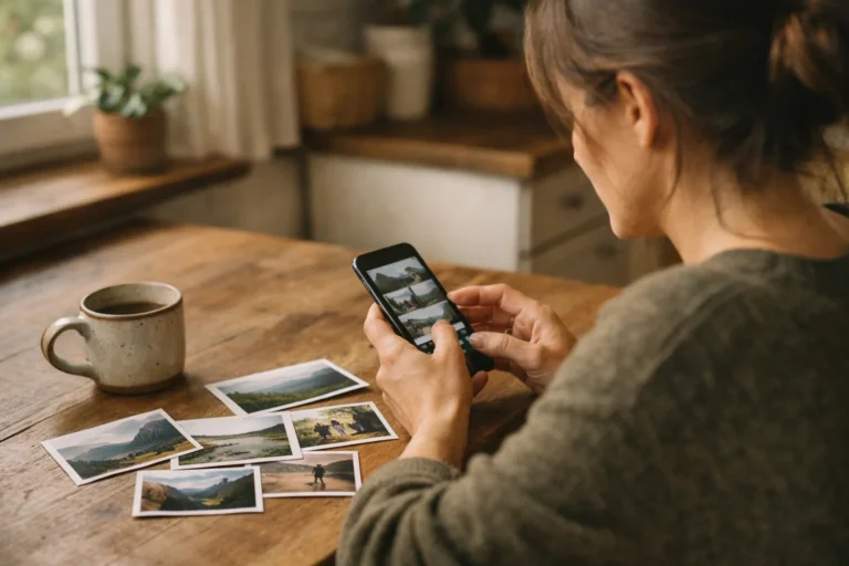 Persoon bekijkt vakantiefoto's op een telefoon om Instagram hoogtepunten samen te stellen.