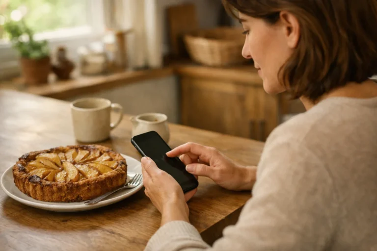 Persoon gebruikt een smartphone aan de keukentafel naast een zelfgebakken perentaart.
