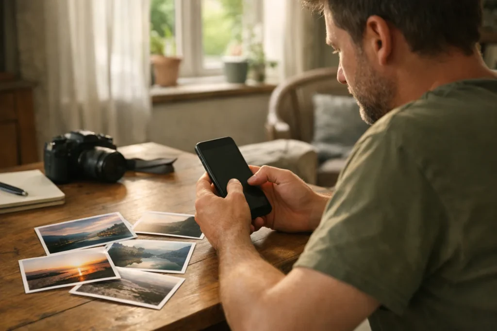 Persoon met een smartphone aan tafel naast afgedrukte foto's voor een eigen portfolio.