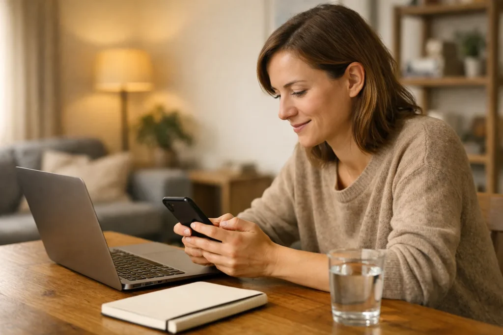 Persoon controleert een link op een smartphone naast een laptop aan de keukentafel.