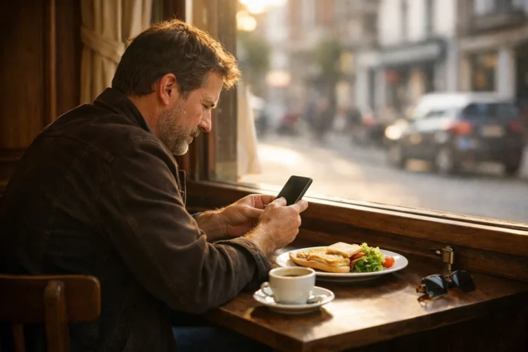 Cafébezoeker gebruikt een telefoon naast een lunch en een kop koffie bij het raam.
